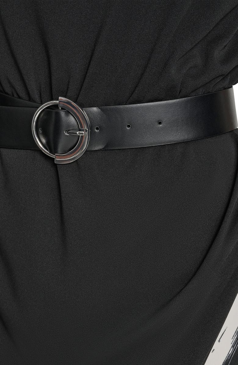 DKNY Funnel Neck Cap Sleeve Belted Dress, Alternate, color, Black/ Ivory