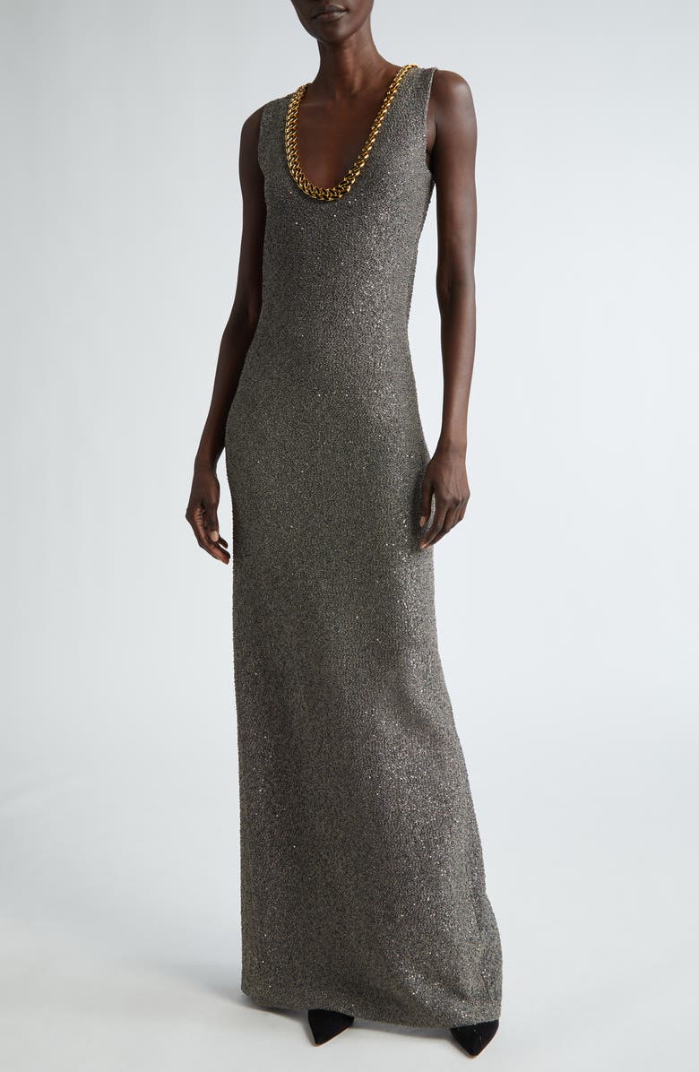 ST. JOHN Sequin Embellished Shimmer Tweed Column Gown, Main, color, Carbon/ Gold Multi