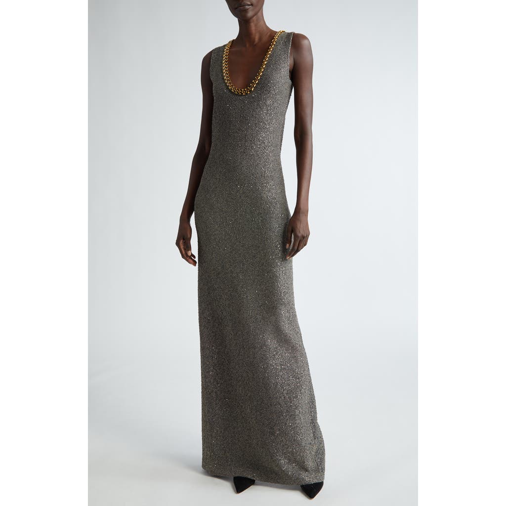 St. John Collection Sequin Embellished Shimmer Tweed Column Gown in Carbon/Gold Multi