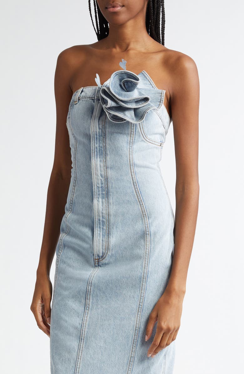 Area Flower Corsage Strapless Denim Dress, Alternate, color, 