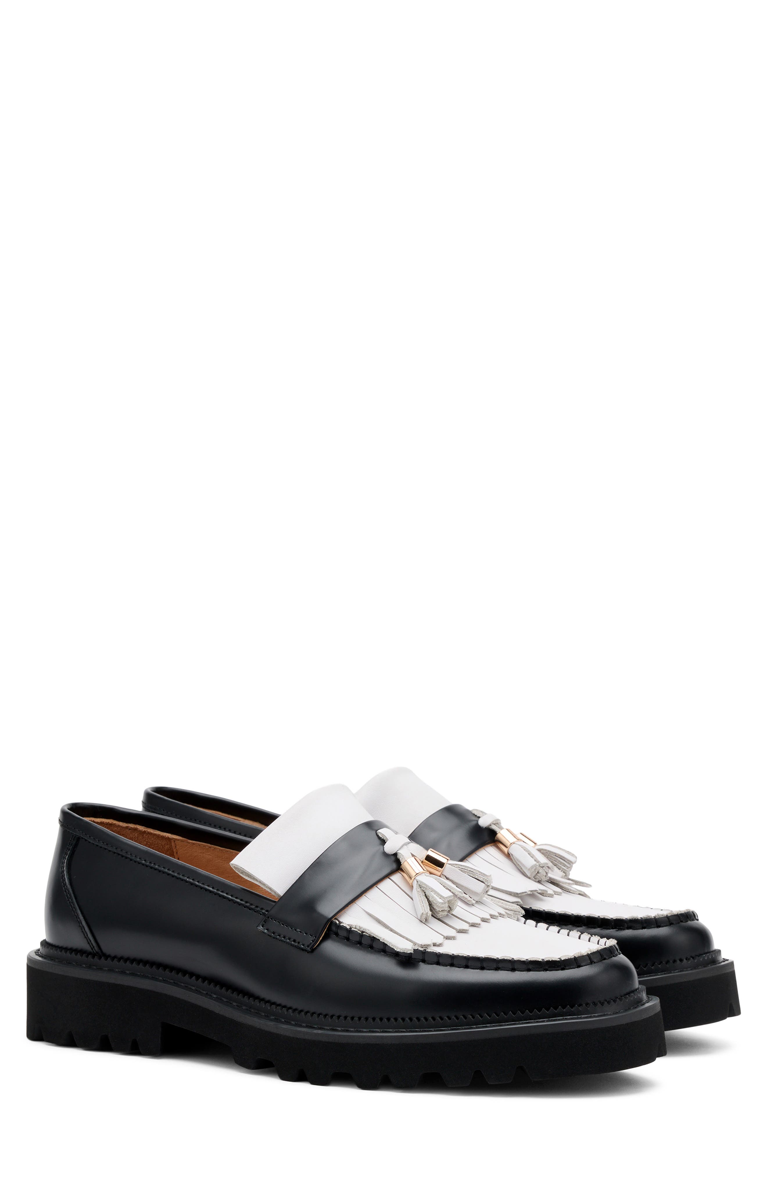 MARC NOLAN Journey Kiltie Fringe Loafer, Main, color, Black/ White