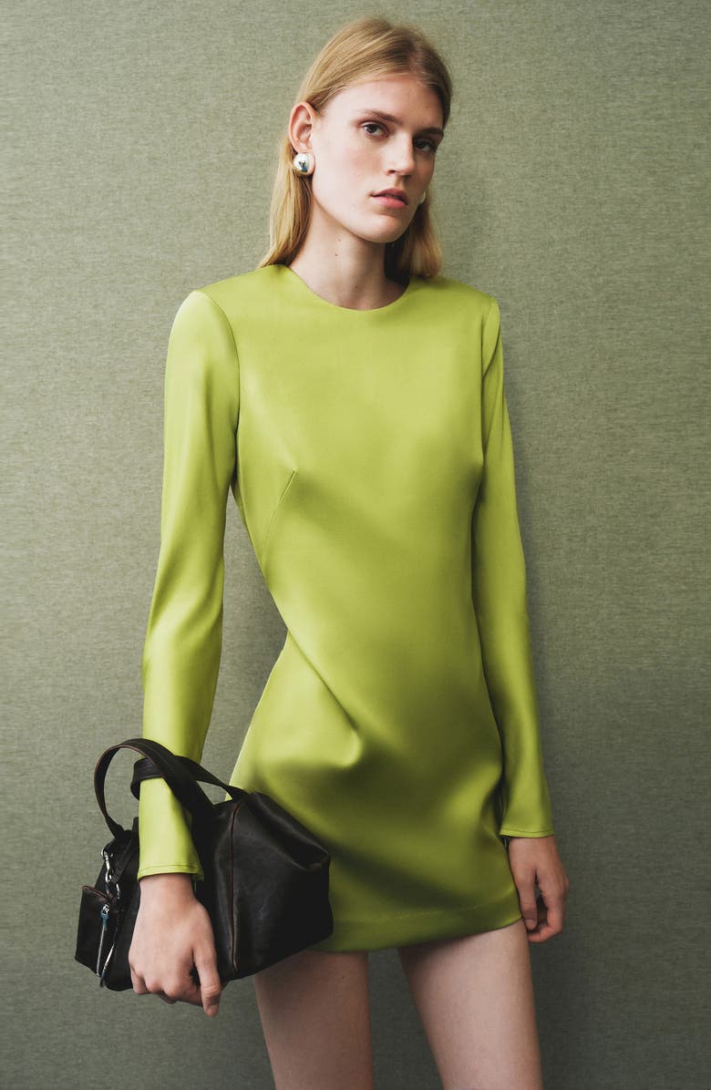 MANGO Open Back Long Sleeve Satin Minidress, Alternate, color, Lime Green