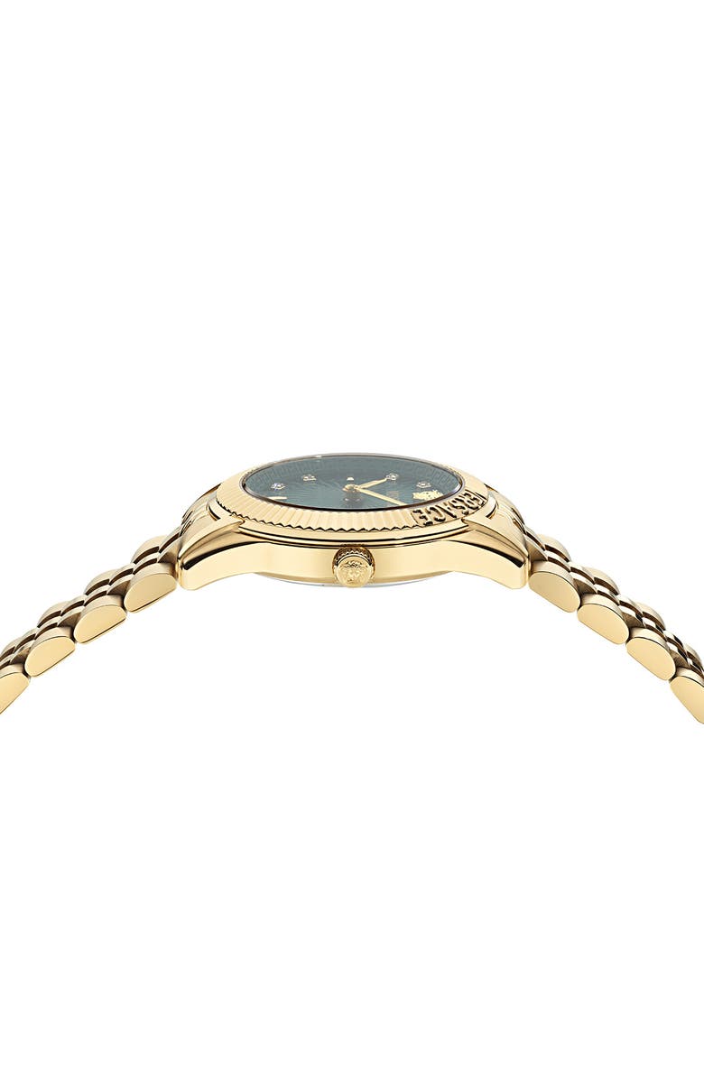 Versace Greca Time Diamond Bracelet Watch, 30mm, Alternate, color, Ip Yellow Gold/ Green