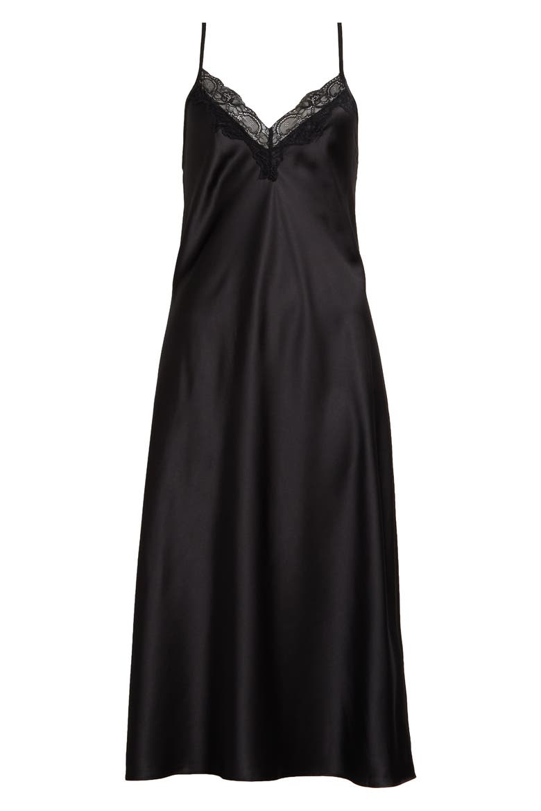 Lace Trim Stretch Satin Nightgown, Alternate, color, BLACK