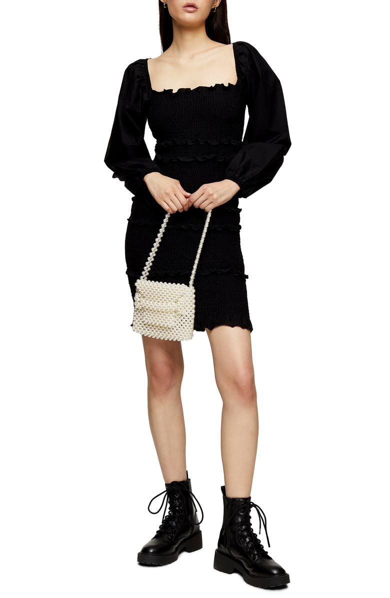 Topshop Smocked Long Balloon Sleeve Minidress, Main, color,
