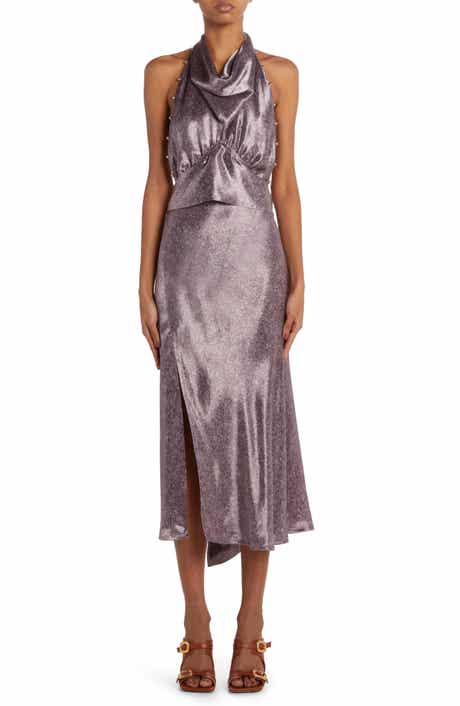 Bottega Veneta Beaded Print Cupro Twill Halter Dress