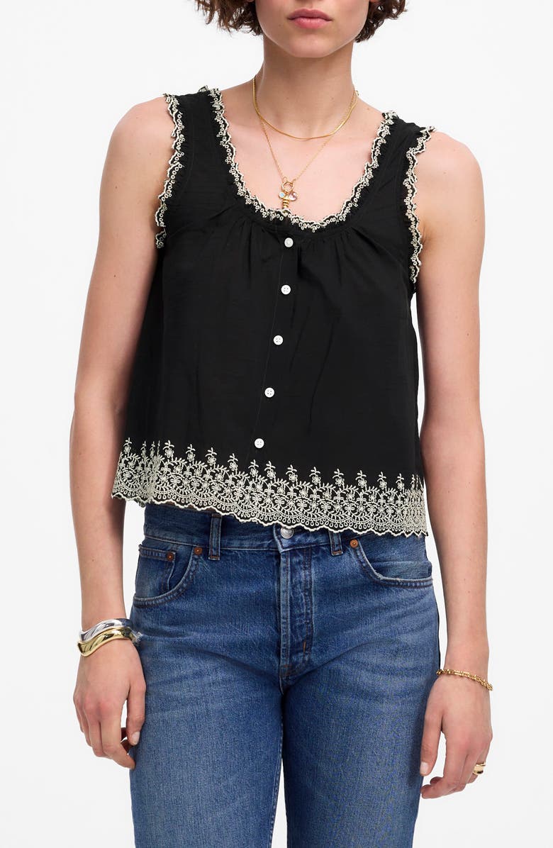 Madewell Embroidered Scalloped Tank, Main, color, Jet Black