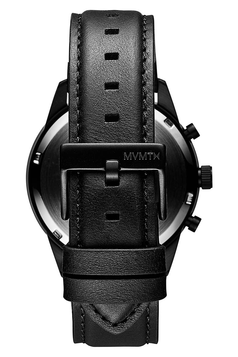 MVMT Sportluxe Chronograph Leather Strap Watch, 43mm, Alternate, color, BLACK