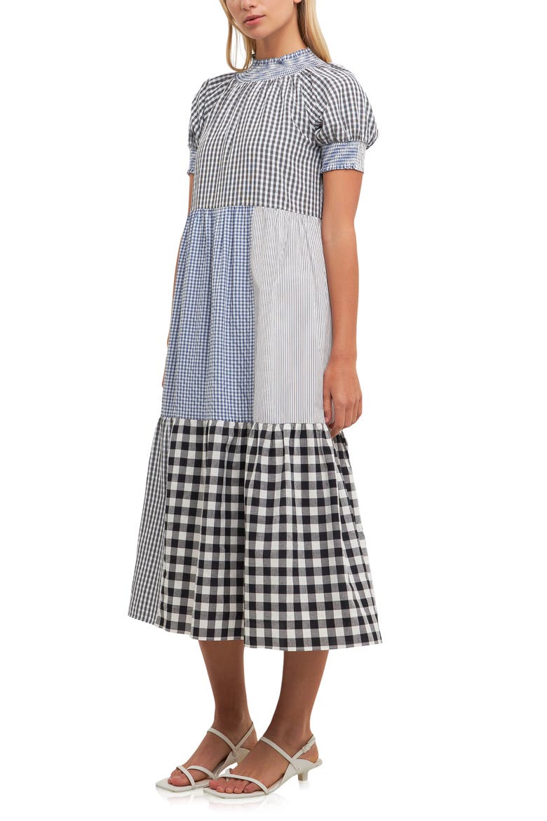 Patchwork Gingham Midi Dress, Alternate, color, BLACK MULTI