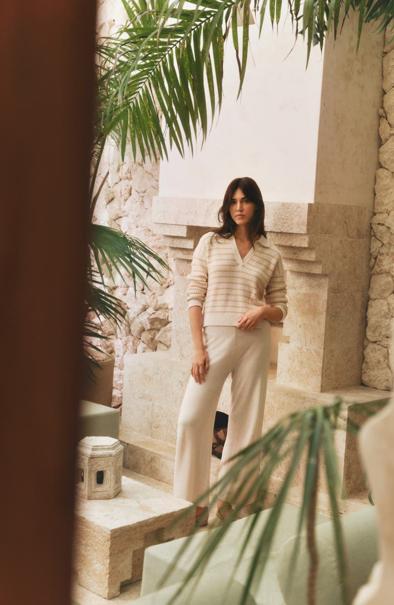 Eberjey Coastal Stripe Cotton Blend Polo Sweater, Alternate, color, Stripe Almond Heather/ Sunbeam