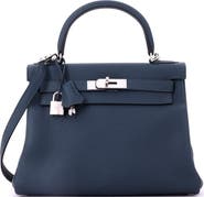 Pre-Owned Hermes Kelly Handbag Green Clemence with Palladium Hardware 28