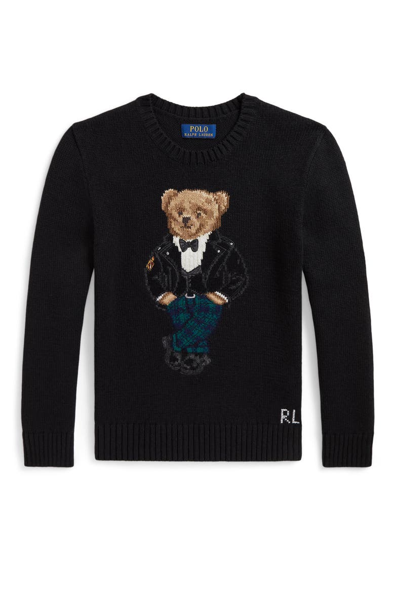 Kids' Bear Intarsia Cotton Sweater, Main, color, POLO BLACK