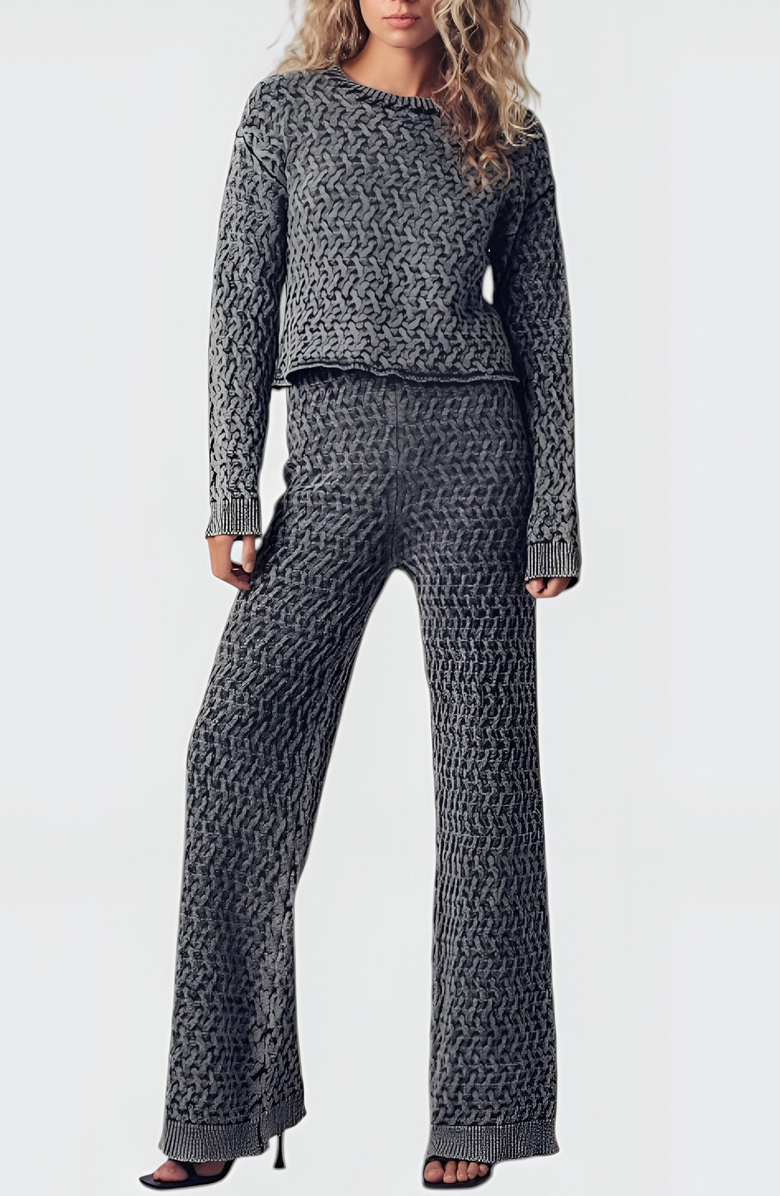 Modenaire Textured Knit Sweater Set with Crewneck Pullover and Wide-Leg Pants, Alternate, color,