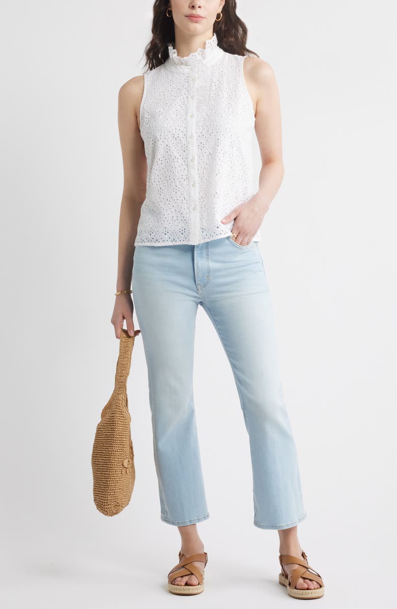 Caslon<sup>®</sup> Ruffle Eyelet Sleeveless Button-Up Shirt, Alternate, color, White