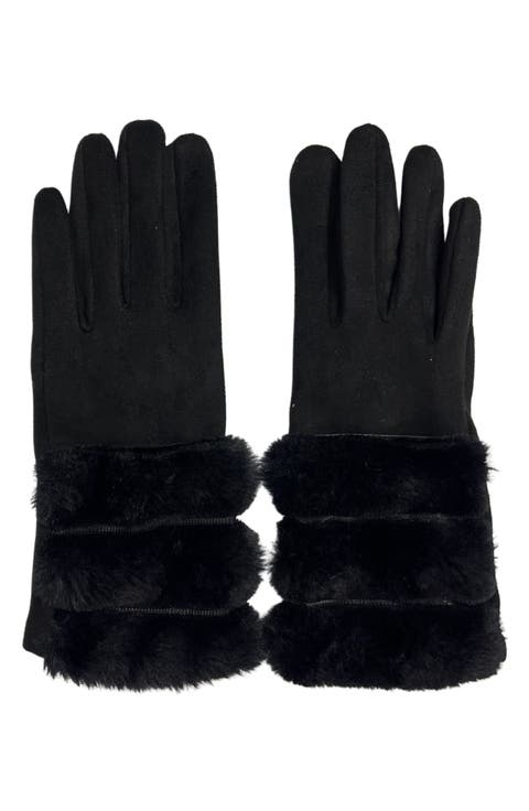 Faux Suede Gloves with Faux Fur Trim