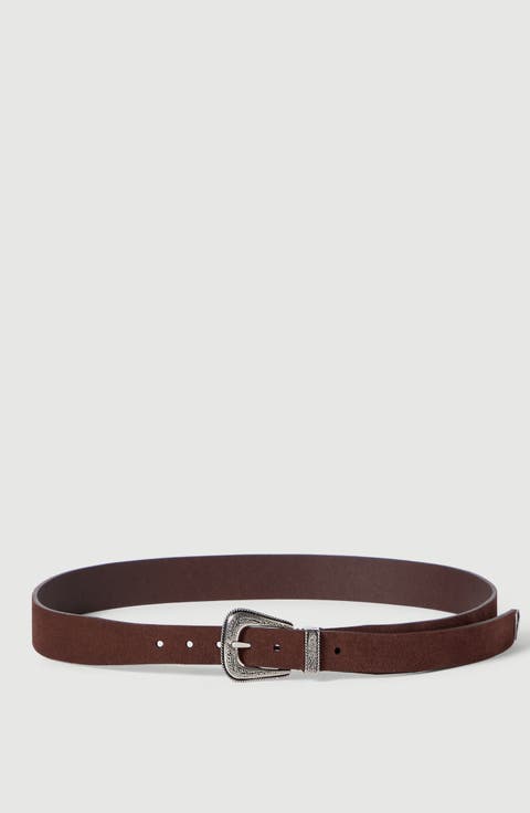 Reversed leather belt with tip