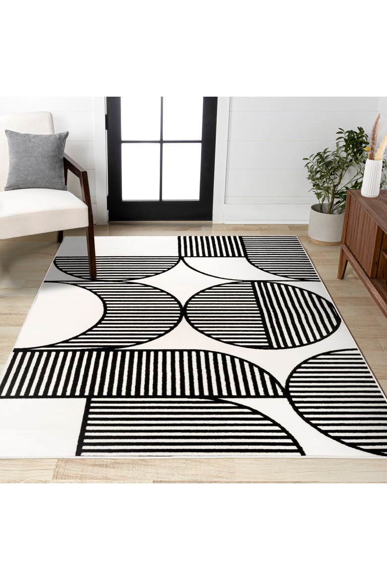 Nordby High-Low Geometric Arch Scandi Striped Indoor/Outdoor Area Rug, Alternate, color, Black/White