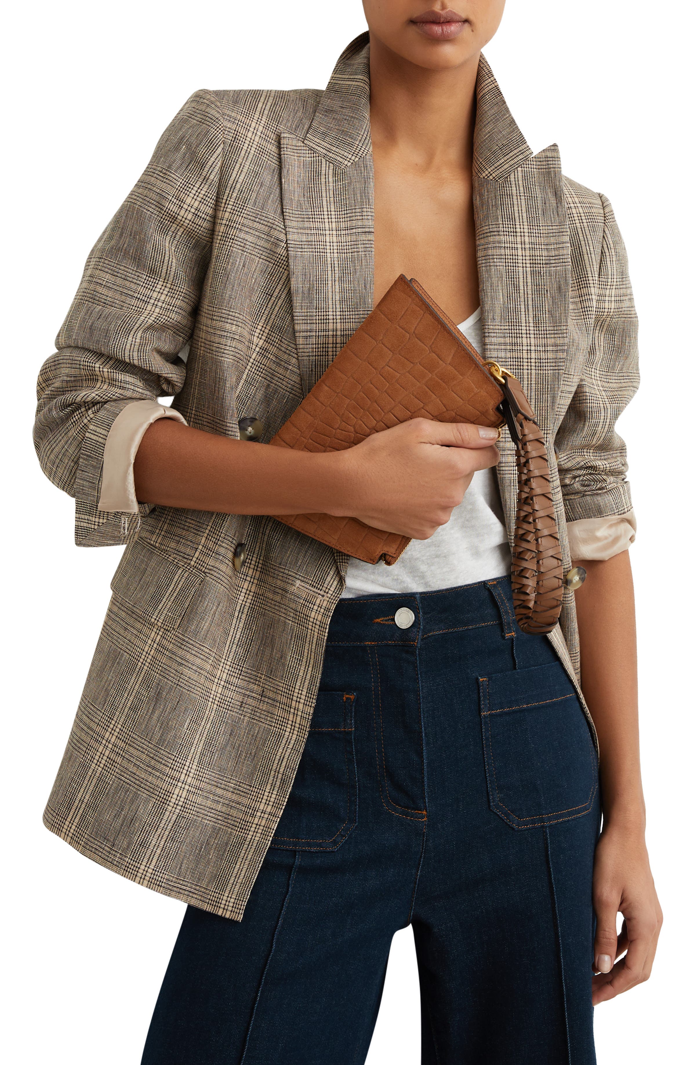 Avery Croc Embossed Leather Shoulder Bag, Alternate, color, TAN