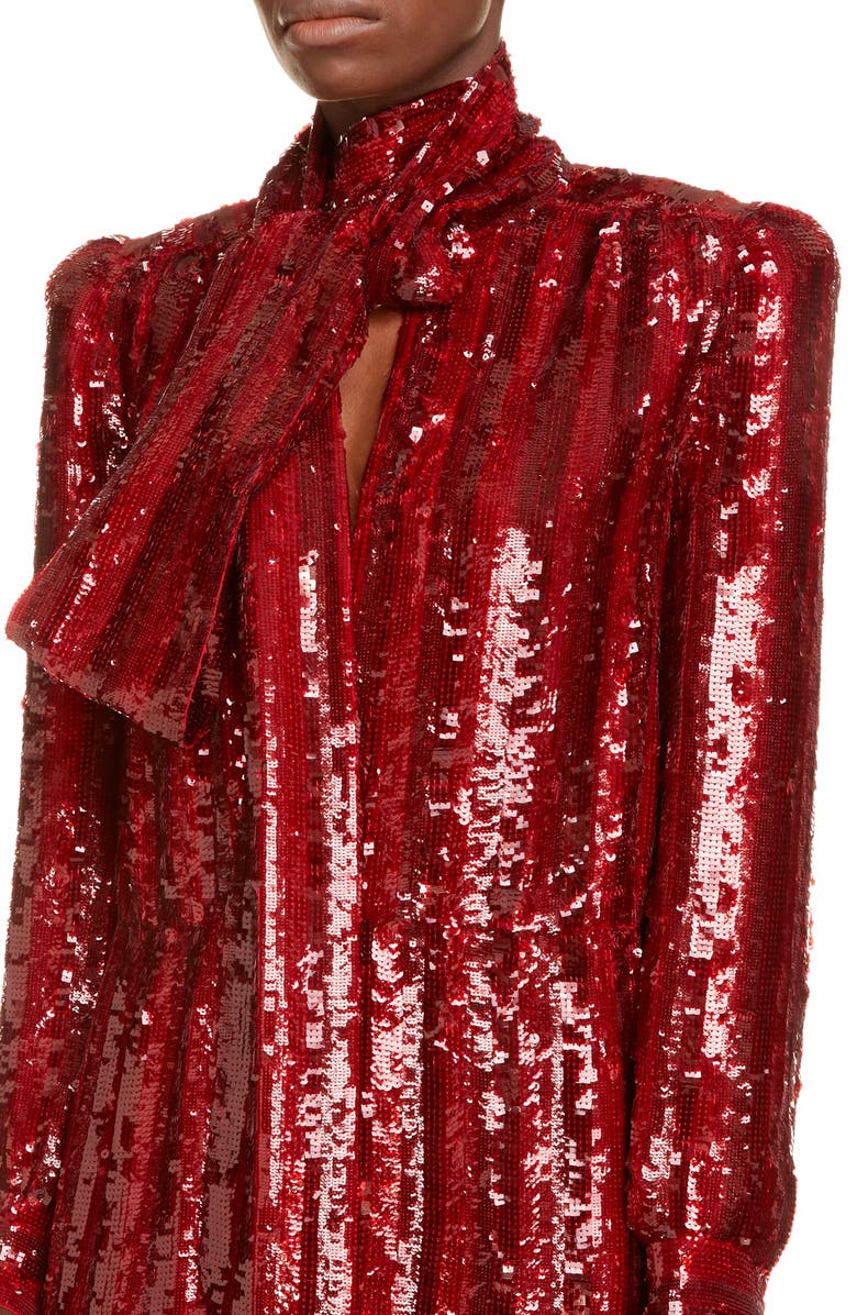 Saint Laurent Tie Neck Long Sleeve Sequin Midi Dress, Alternate, color,