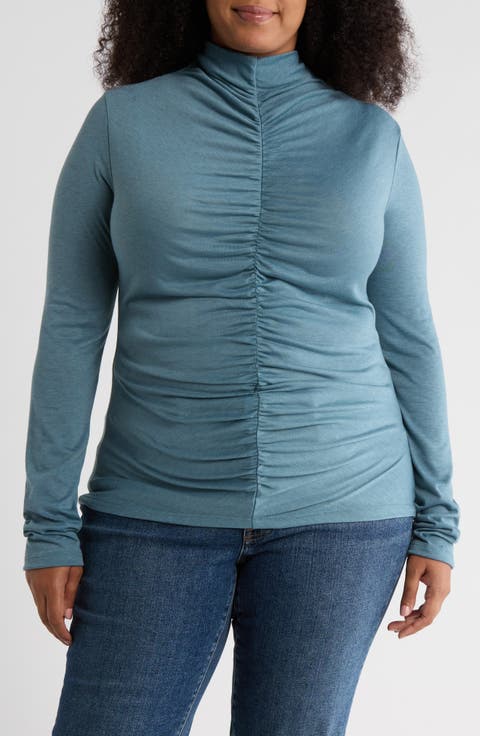 Mock Neck Ruched Knit Top (Plus)