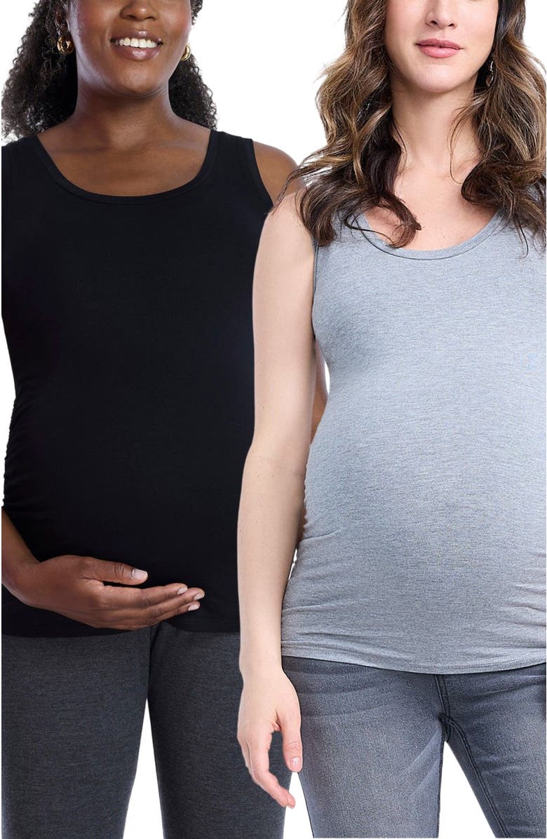 MOTHERHOOD MATERNITY Scoop Neck Side-Ruched Maternity Tank Top - 2 Pack, Main, color, Black & Grey
