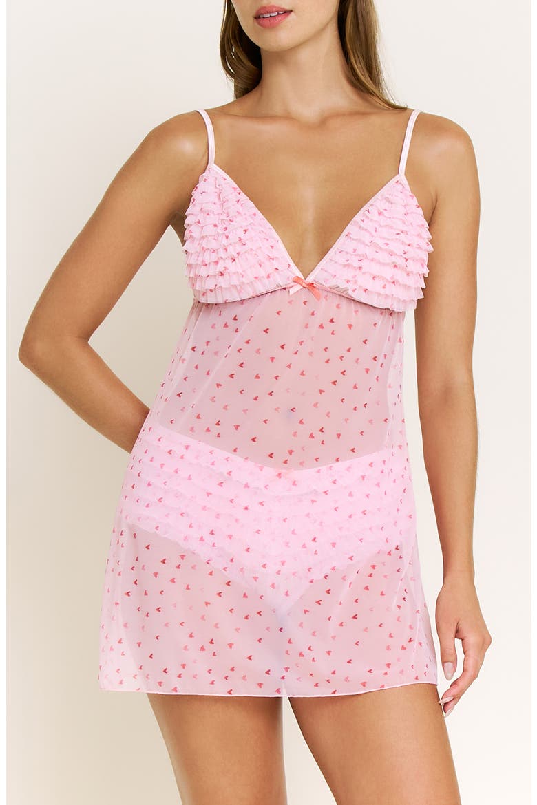 Rumba Floral Ruffle Sheer Chemise, Main, color, MARZIPAN