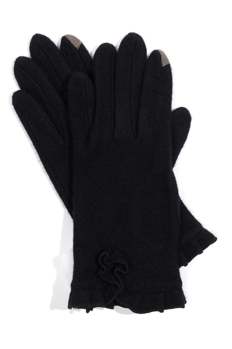 'Touch' Ruffled Wool Blend Gloves, Alternate, color, BLACK