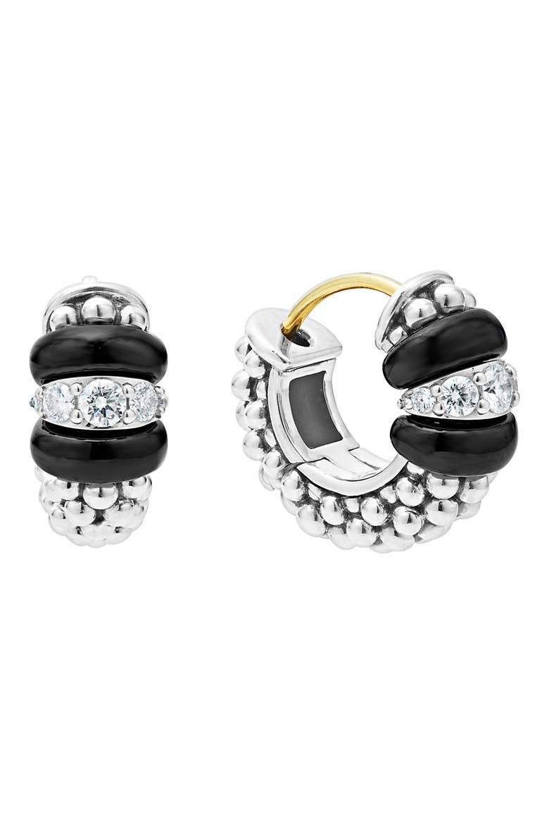 Black Caviar Diamond Huggie Hoop Earrings, Alternate, color, STERLING SILVER