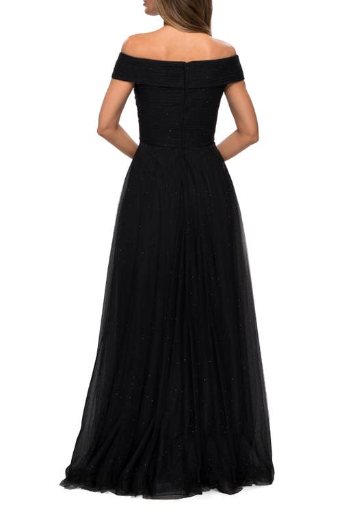 Shop La Femme Tulle Off The Shoulder A-line Dress With Rhinestones In Black