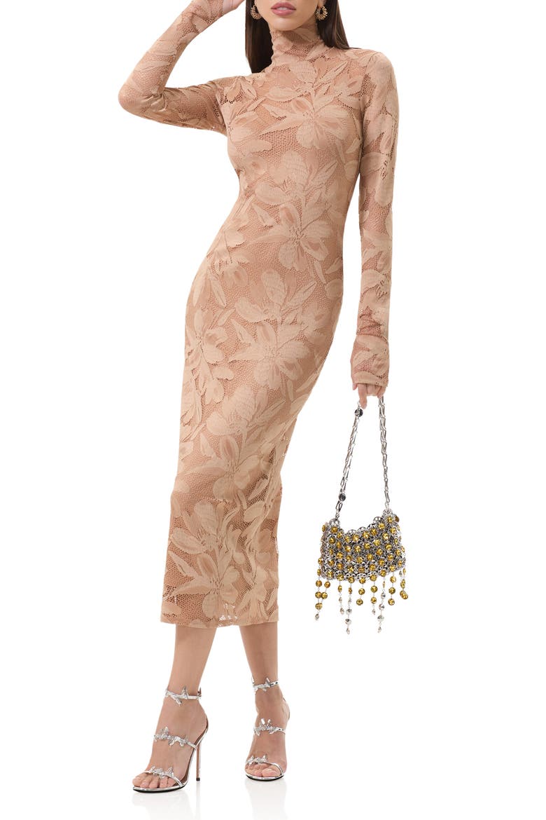 Shailene Floral Lace Long Sleeve Midi Dress, Main, color, ALMOND