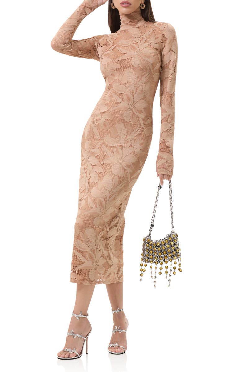 AFRM Shailene Floral Lace Long Sleeve Midi Dress, Main, color, Almond