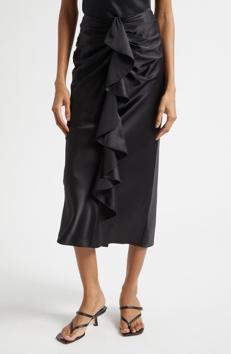 Cinq à Sept Cynthia Ruffle Ruched Silk Midi Skirt, Main, color, Black