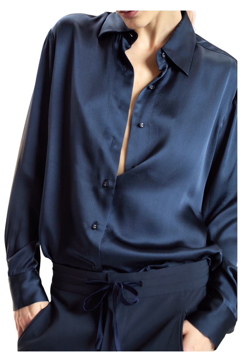 Silk Button Up Shirt, Alternate, color, Navy