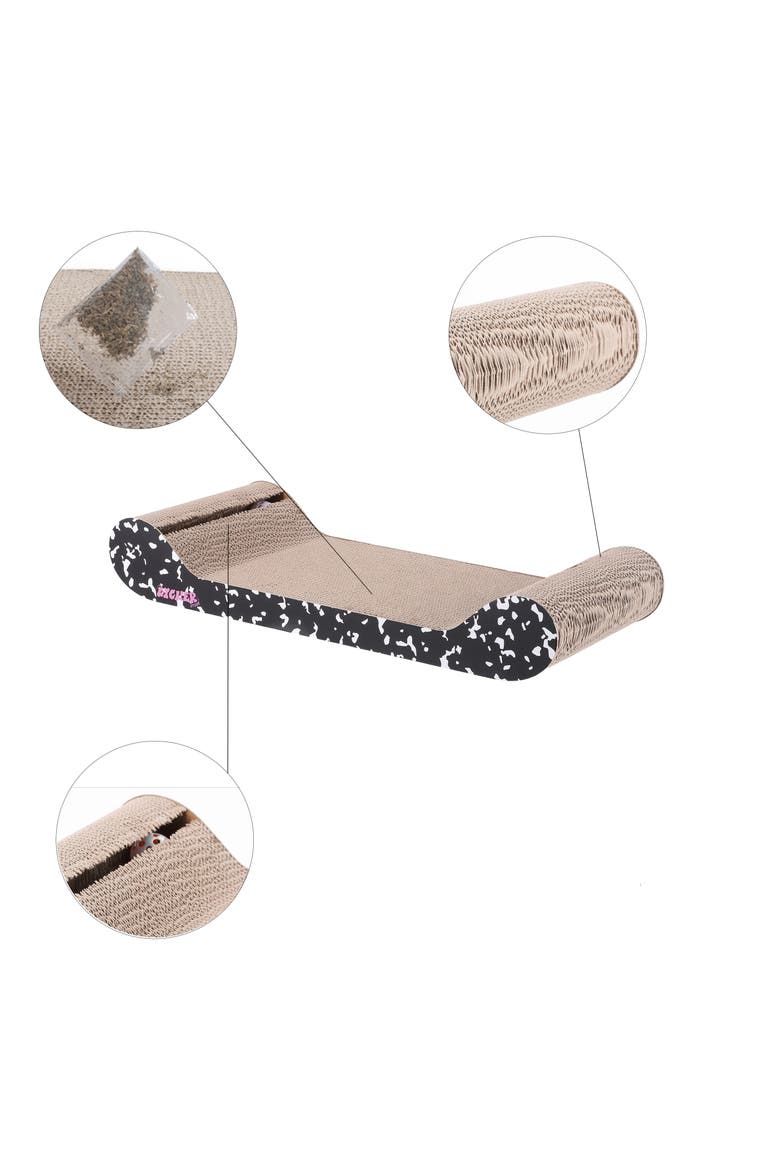 Rini Modern Cardboard Lounge Bed Cat Scratcher with Built-In Bell Toys and Catnip, Alternate, color, Black/White