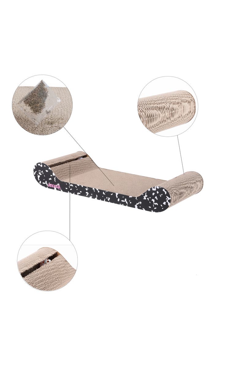 The Licker Store Rini Modern Cardboard Lounge Bed Cat Scratcher with Built-In Bell Toys and Catnip, Alternate, color, Black/White