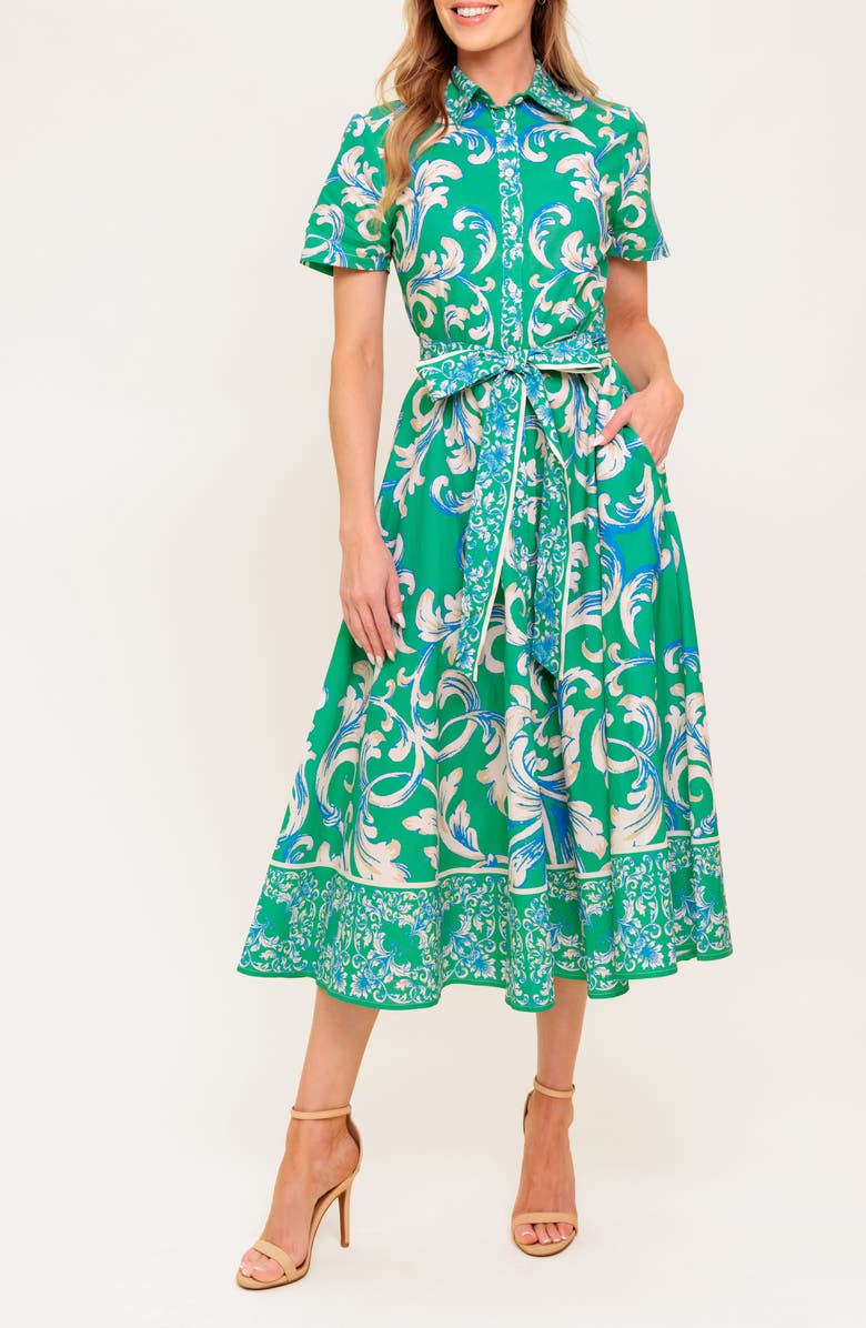 FLYING TOMATO Swirl Print Short Sleeve Cotton Shirtdress, Alternate, color, Green Ivory