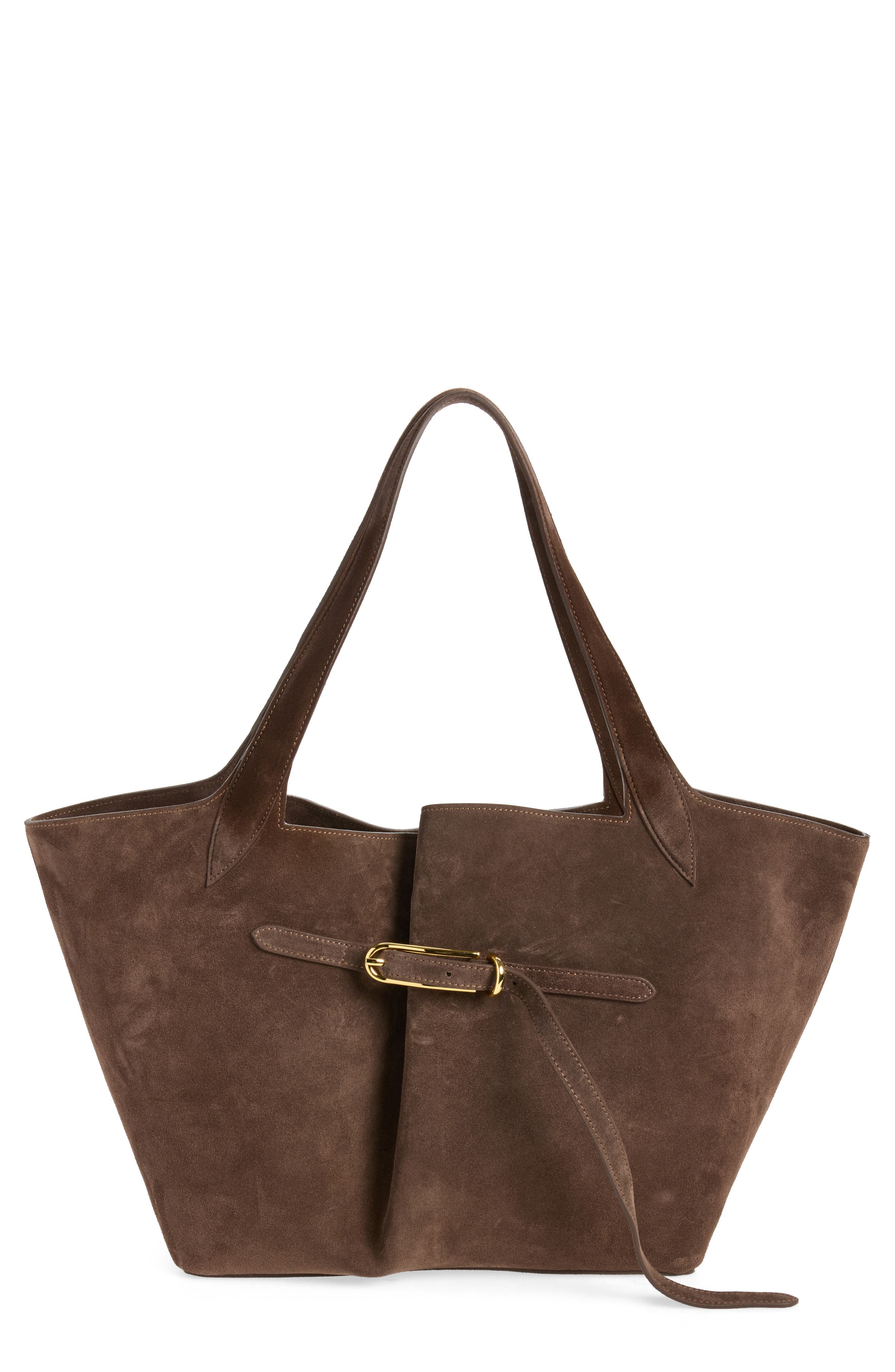 Belted Suede Tote, Main, color, DARK BROWN