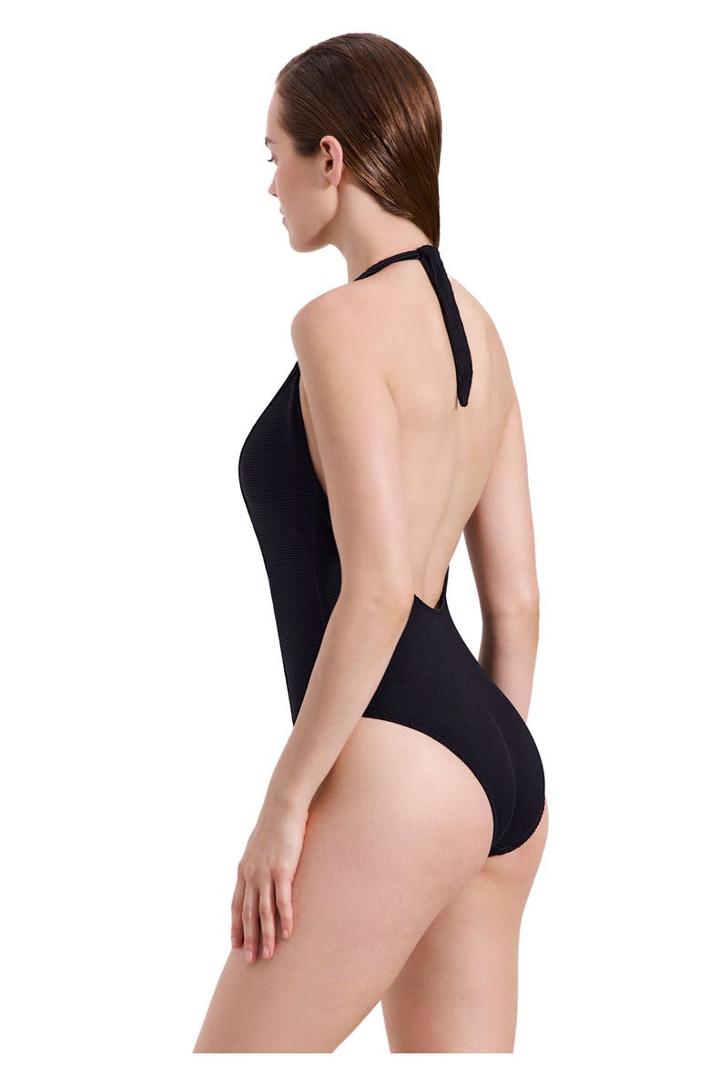 Emanuelle Textured Deep Plunge Halter One Piece, Alternate, color, Black