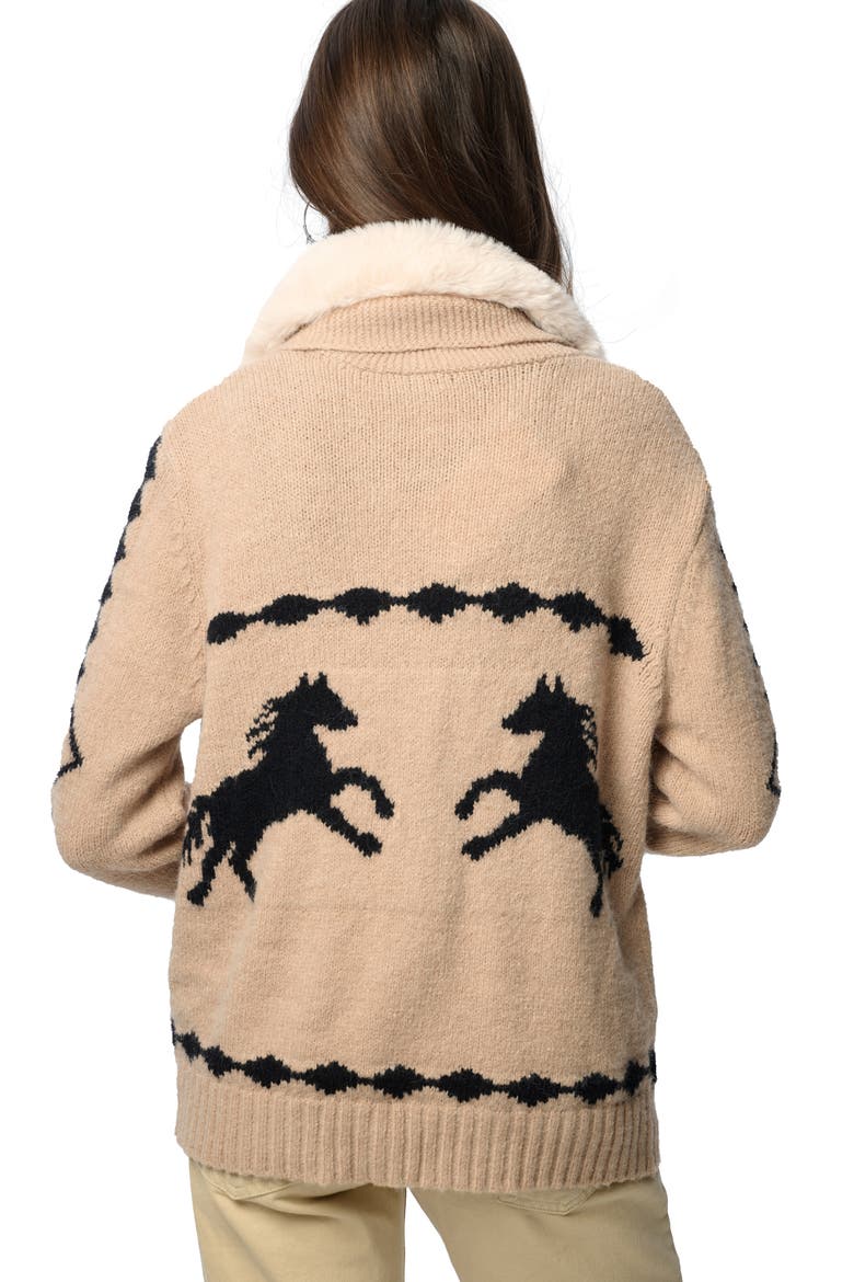 Horse Motif Cardigan with Faux Fur Collar, Alternate, color, BEIGE
