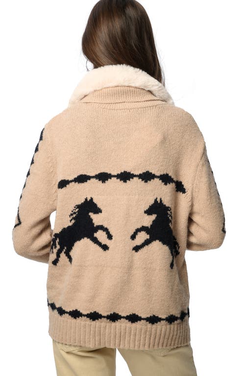 Saachi Horse Motif Cardigan With Faux Fur Collar In Neutral