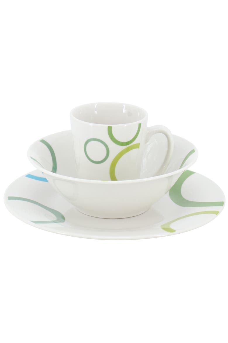 Green Loops 12 Piece Round Fine Ceramic Dinnerware Set, Alternate, color, White
