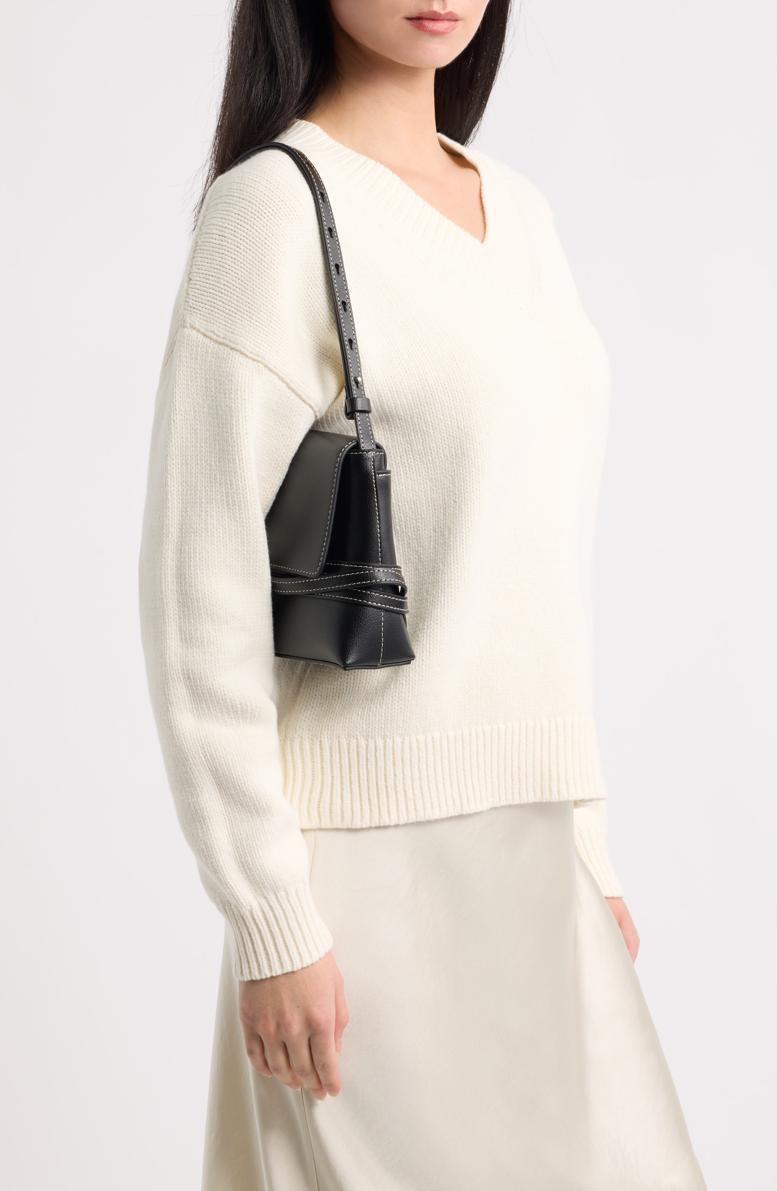 Belted Leather Shoulder Bag, Alternate, color, BLACK