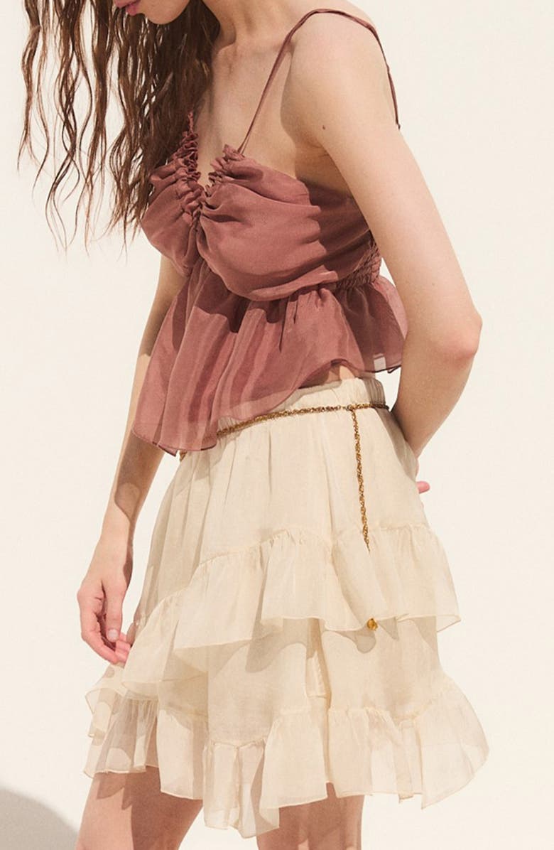 DELUC Bacio Smocked Ruffle Camisole, Alternate, color, Mocha