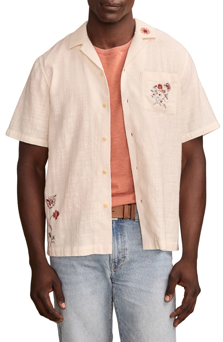 Lucky Brand Floral Embroidered Slub Cotton Camp Shirt, Main, color, 