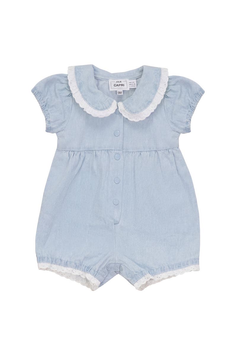 Jolie Capri Denim Cotton Eyelet Lace Trim Puff Sleeve Romper, Main, color, Light Denim