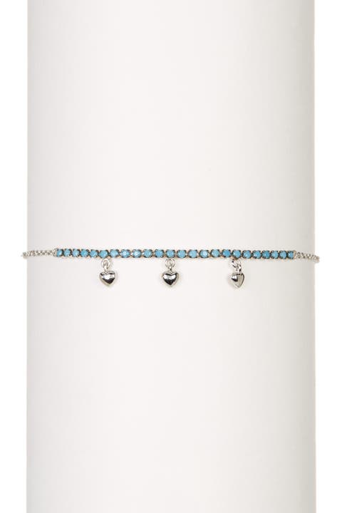 Sterling Silver Turquoise Stone and Hanging Hearts Bracelet