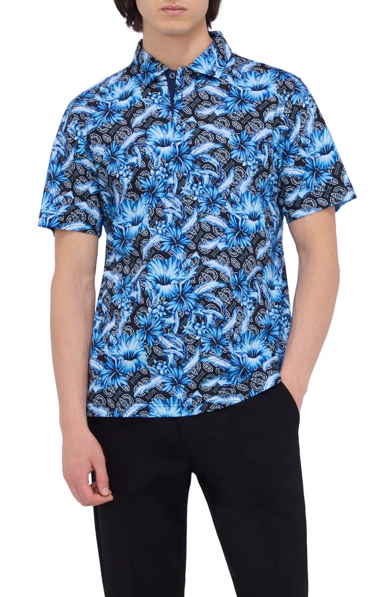 Bugatchi Hendrix Digital Floral Print Pima Cotton Polo, Main, color, Navy