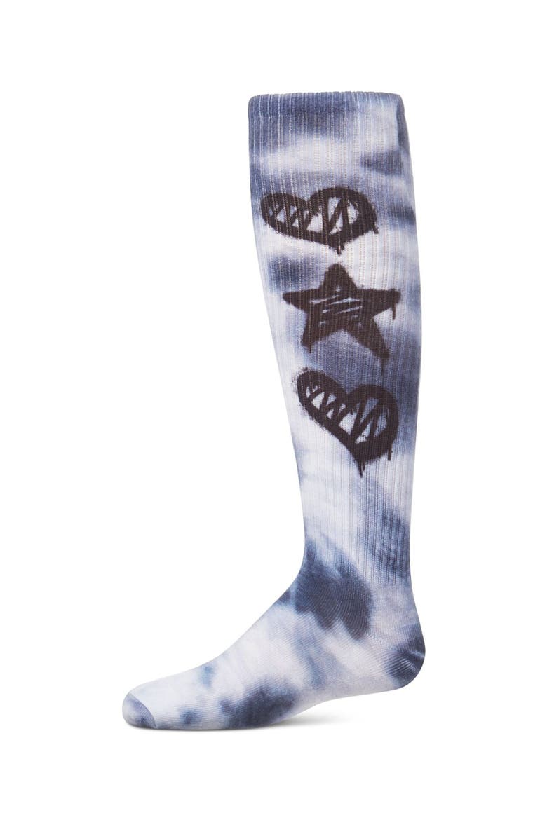 Tie Dye Graffiti Shapes Knee High Socks, Main, color, Denim