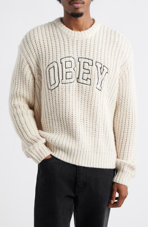 Embroidered Collegiate Logo Ribbed Crewneck Sweater