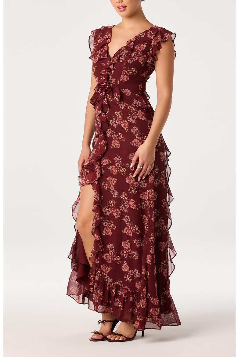 Joana Floral Ruffle Maxidress, Alternate, color, WINE FLORAL